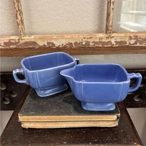 Vintage Homer Laughlin Blue Ceramic Creamer and Sugar Set